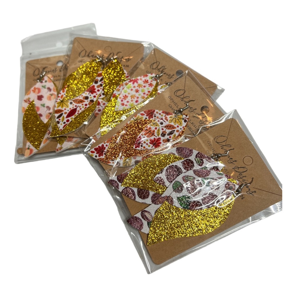 Fall Autumn 3 Layer Faux Leather Glitter Dangle Silver Earrings. 11 Styles